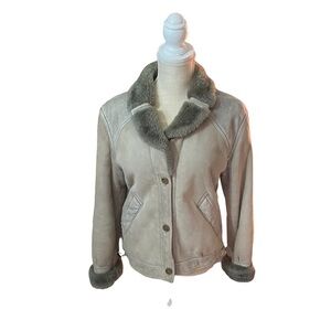 Ibanez Grey Suede Leather Faux Fur Trim & Interior 3-Button Jacket Women Medium